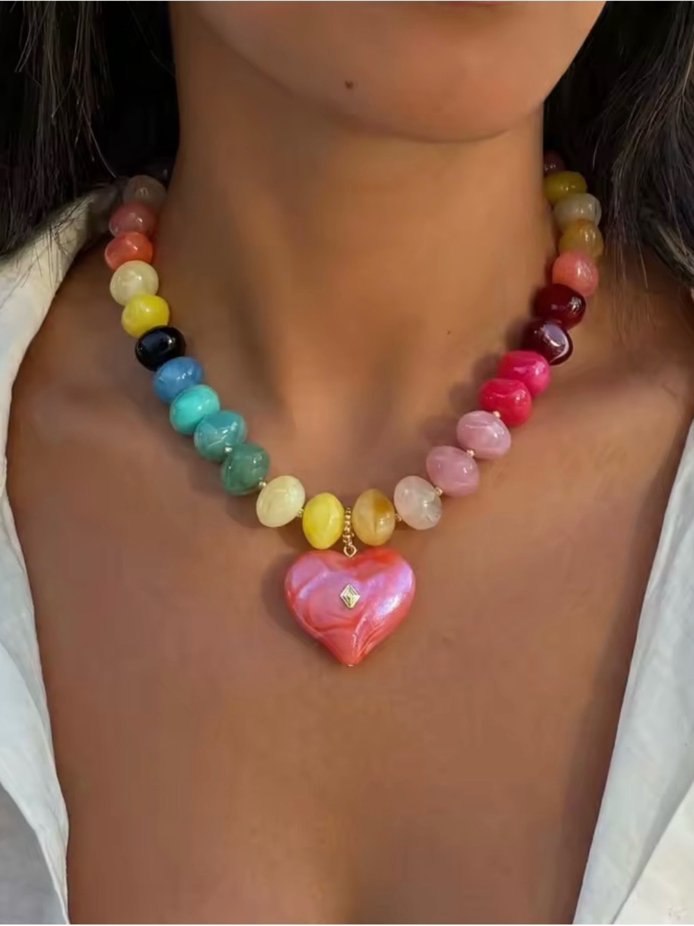 Rainbow Beaded Necklace with Pink Heart Pendant - Picture 1 of 7